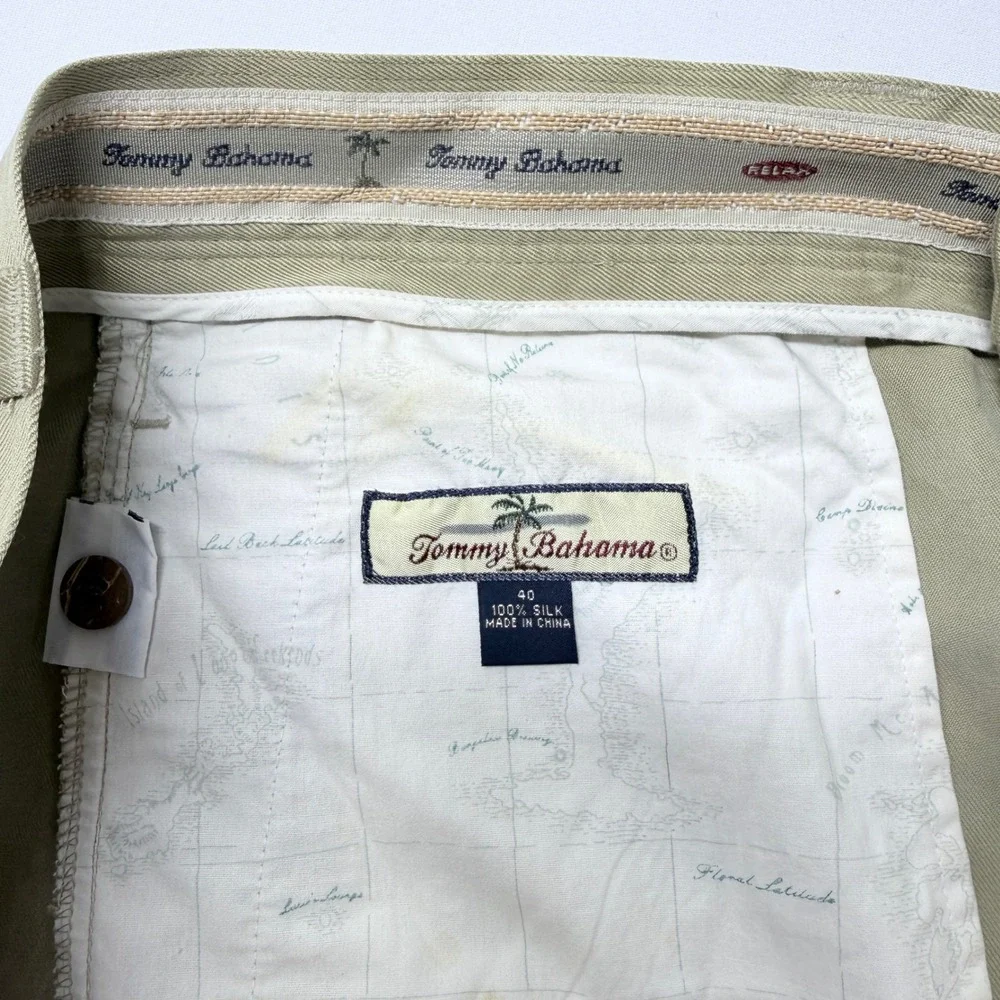Tommy Bahama Relax Mens 40 Khaki 100% Silk Straight Leg Flat Front Pants